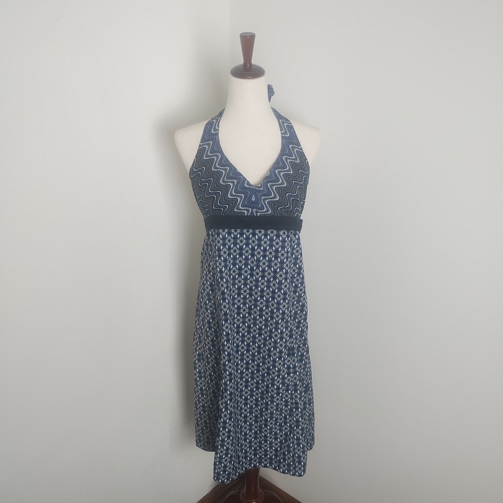 Athleta Halter Dress Womens 12 Mixed Print Smocked Back Retro Boho Sporty Prep